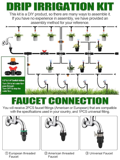 250FT Drip Irrigation Kit with Rotating Nozzle, Kalolary 1/4" 1/2" Automatic Garden Watering System with 4/7mm 16mm PE Tube Adjustable Micro Water Sprinkler Equipment for Patio Lawn Flower Bed