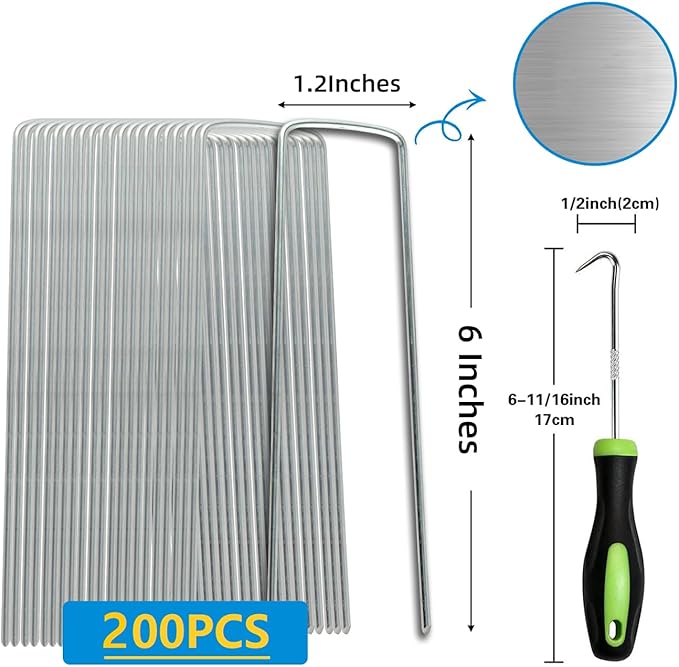 200 Pack Garden Stakes, Galvanized Landscape Staples, U-Shaped Tent Stakes, 6 inch 11 Gauge, for Securing Weed Fabric Barrier, Ground Cover, Irrigation Tubing, Artificial Turf (200)