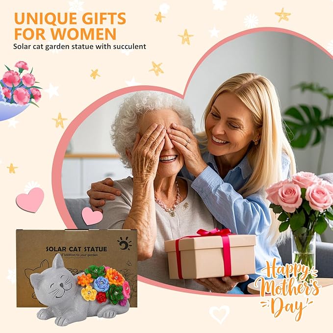 Solar Garden Decor Cat Statue, Outdoor Decor Cat Figurine with Succulentss and 6 LED Lights for Yard Art Lawn Porch, Unique Birthday Gifts for Women Mom