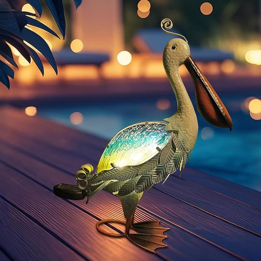 HONGLAND Solar Metal Pelican Statues Garden Sculpture & Statues, 19 Inch Glass Outdoor Pelican Yard Art Coastal Ocean Bird Decor Lawn Ornament for Backyard Porch Patio Decor(Blue-Green)