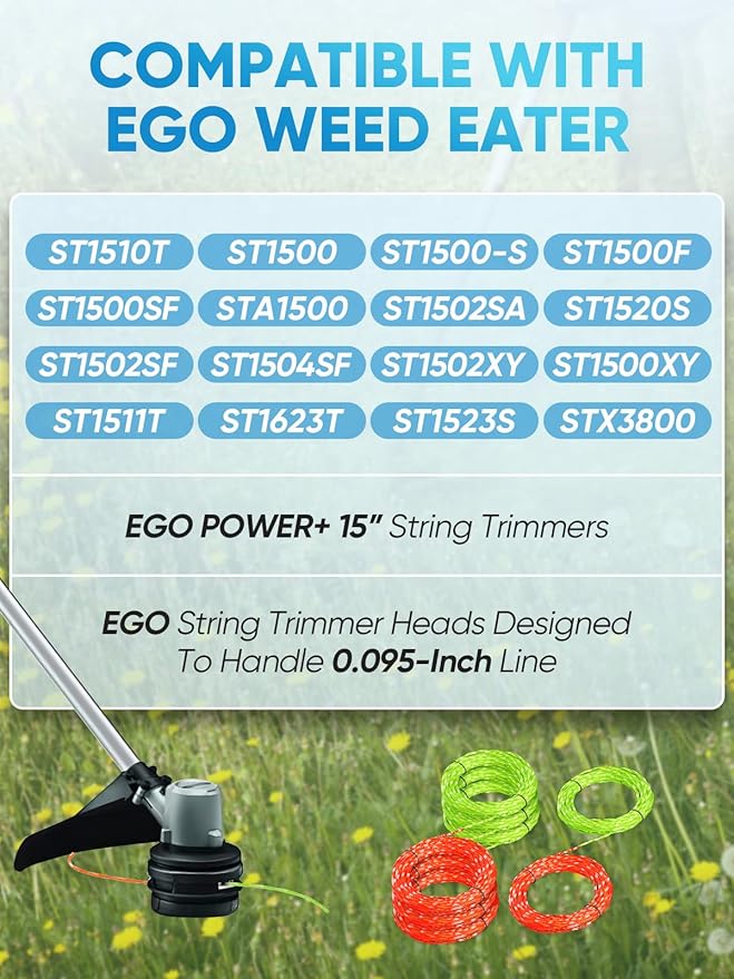 Eventronic 4 Pack AL2420PD Replacement Twisted Trimmer Line Compatible with All EGO 15-Inch String Trimmers Weed Eater, Dual Color Pre-Cut 0.095" 56Ft Weed Wacker String line for EGO Trimmers String