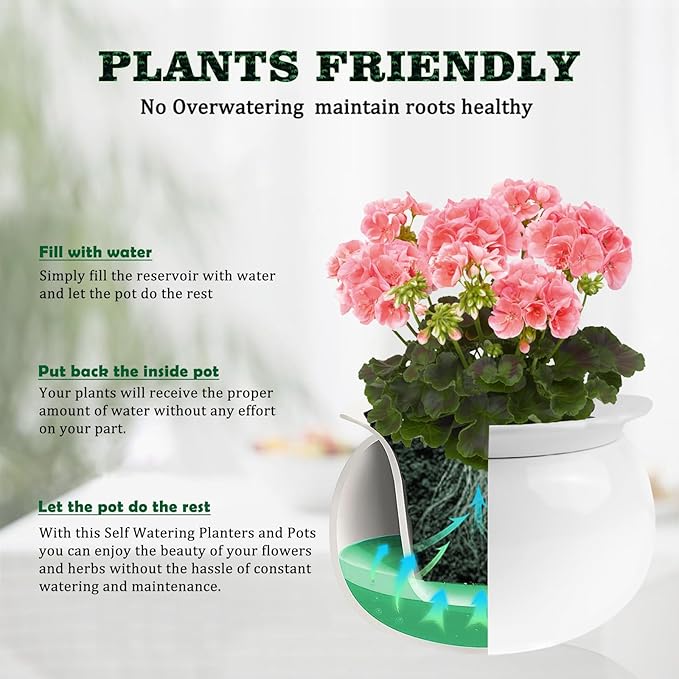 African Violet Pots, 6 Inch Self Watering Pots for Indoor Plants, Self Watering Plant Pot, Easy Plant Self Watering Pot, Ceramic Plant Pot with Absorbent Inner Pot for Flowers-White