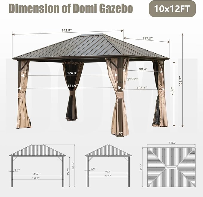 Domi 10'x12' Hardtop Gazebo Canopy,Outdoor Metal Gazebo with Galvanized Steel Roof,Curtain and Netting,Permanent Gazebos Pavilion for Patio Deck,Backyard