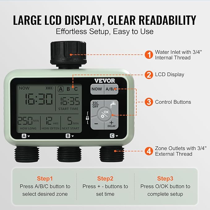 VEVOR Water Timer, 3 Outlets, Hose Watering Sprinkler Timer, with 3 Independent Watering Zone LCD Display Rain Delay Mode Manual Mode 360° Brass Inlet Metal Filter, IPX6 Waterproof for Yard Watering