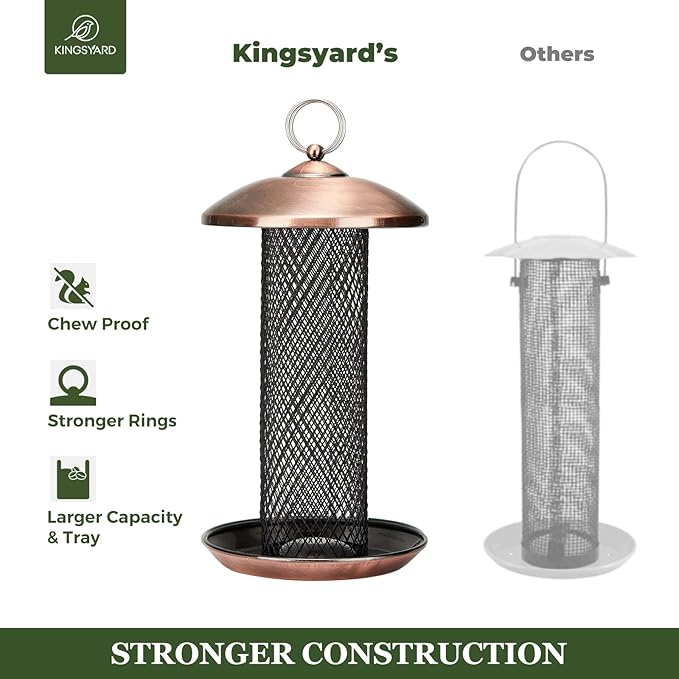 Kingsyard Mesh Tube Bird Feeders for Outdoors Hanging, All Metal, Wild Bird Feeder for Sunflower Seeds or Mealworm, Large Tray & Weatherproof Roof, 2.5 lbs Capacity (Antique Copper)