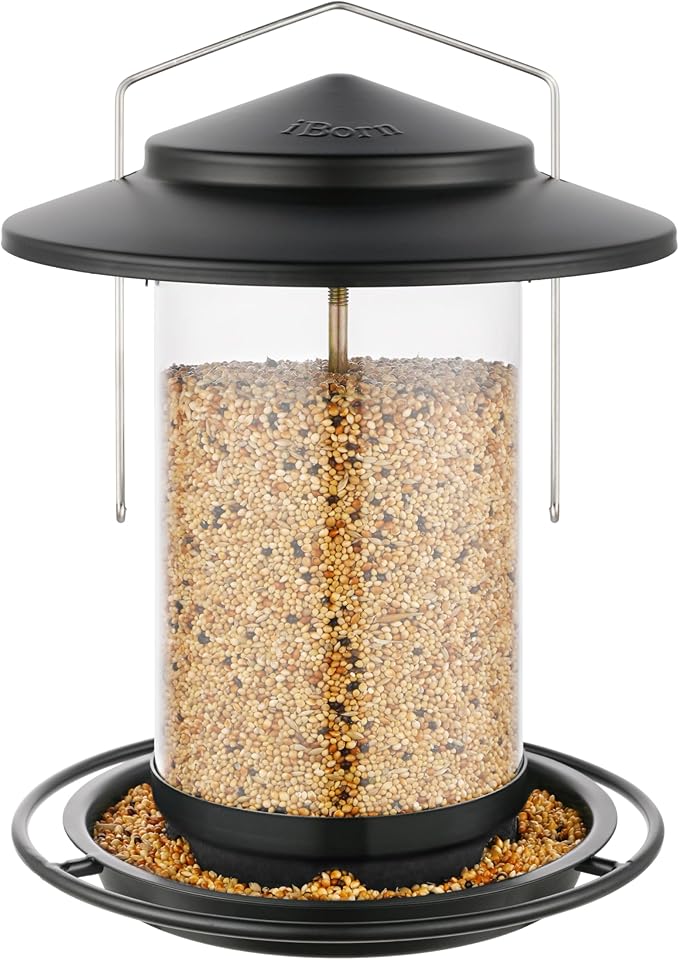 iBorn Metal Bird Feeders for Outdoors Hanging,Wild Bird Feeders for Cardinal,18cm Large Roof&Tray Black 6 Port (Seed is not Included)