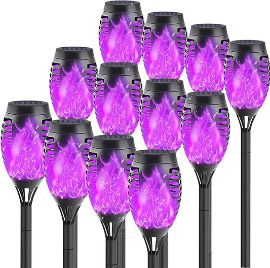 12-Pack Solar Lights Outdoor Waterproof,Halloween Decorations Solar Tiki Torches with Flickering Flame (Upgraded Super Bright),Halloween Solar Lights for Outside Patio Yard Porch Garden Decor (Purple)