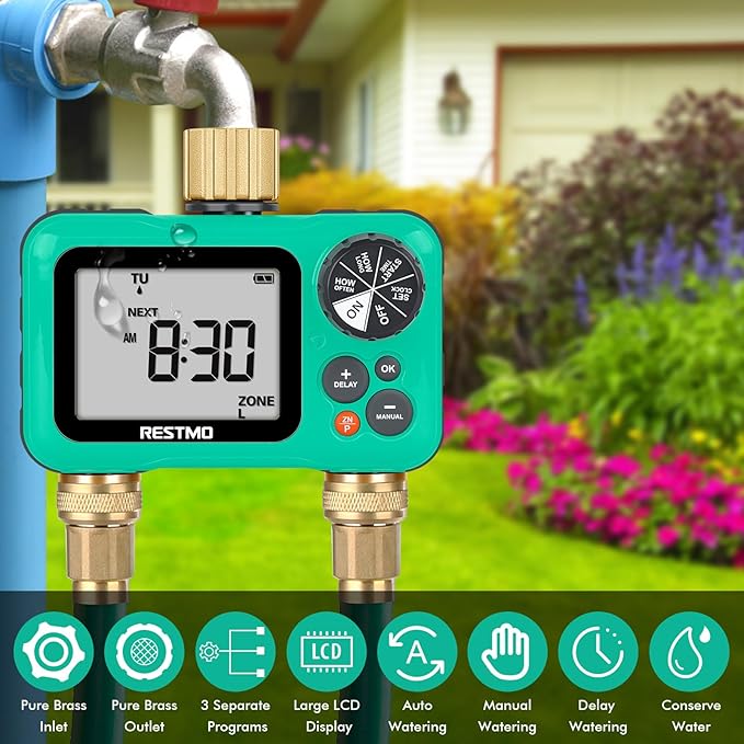 RESTMO Sprinkler Timer with Brass Inlet & Outlet, 3 Separate Programs Water Timer for Garden Hose, Manual/Rain Delay/Automatic Watering for Drip Irrigation and Lawn, 2 Outlet