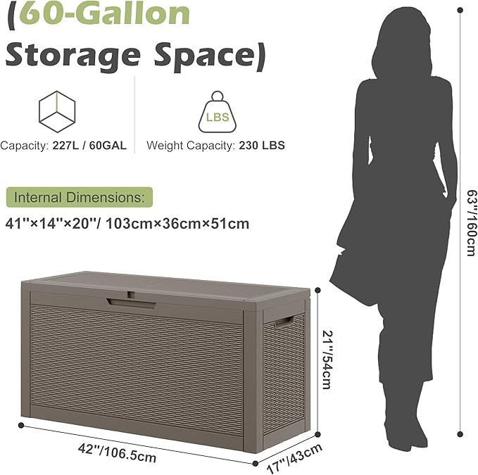 Outdoor Storage Box, 60 Gallon Outside Deck Box Waterproof,Resin Outdoor Storage Cabinet With Lockable Lid,Backyard Storage Bench For Garden Tools,Patio Cushions, Pool Tools, Package Delivery
