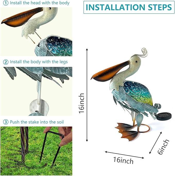 HONGLAND Solar Metal Pelican Statues Garden Sculpture & Statues, 17 Inch Glass Outdoor Pelican Yard Art Coastal Ocean Bird Decor Lawn Ornament for Backyard Porch Patio Decor(Blue-Green)
