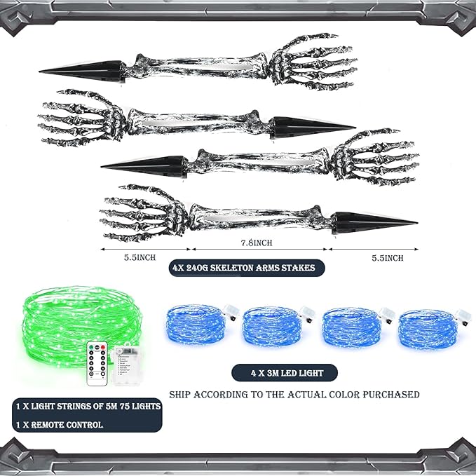 Halloween Lighted Skeleton Hands Set, 4 Pack Light Up Skeleton Arm Stakes, 4 x 3m 240 LED Green & Red Lights with 3 Modes, Realistic Halloween Yard Outdoor Decorations Graveyard Garden