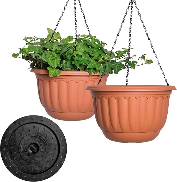 YIKUSH Hanging Planter for Indoor and Outdoor Plants 2 Pack 12 inch Flower Pot Plastic Plant Pot with Drainage Hole and Absorbing Tray(Terracotta)