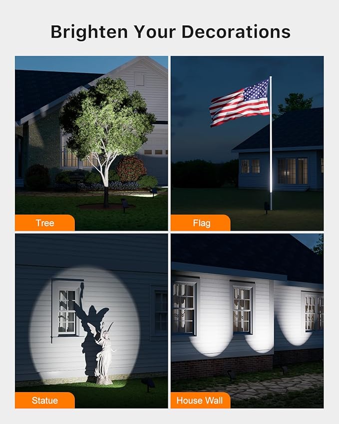 4 Pack Solar Powered Spotlights Outdoor Waterproof for Tree, Flag, House, Ground Landscape Bright Sunset Spot Lights for Outside Yard, Garden, Lawn, Driveway with Adjustable Lamp & Panel, Cool White