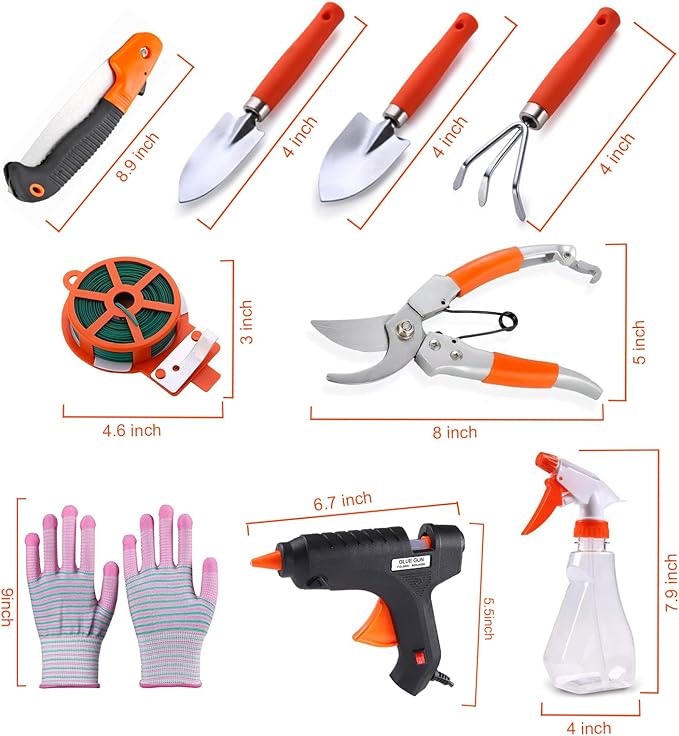 10 Pieces Gardening Tools Set, Ergonomic Handle Sprayer,Pruner,Rake,Shovel,Folding Saw,Glove,Outdoor Garden Tools with Carrying Suitcase,Ideal Garden Tool Gifts for Women
