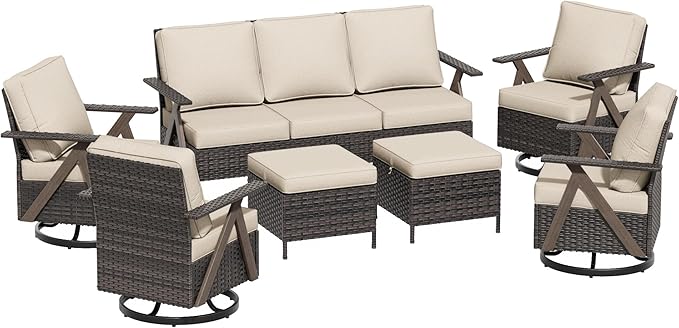 7 Pieces Patio Furniture Set,Outdoor Sofa & High Back Swivel Rocker Patio Chairs, Wicker Conversation Set with Ottoman for Deck Yard and Poolside