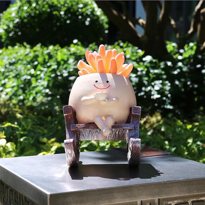 Smiley Face Planters for Indoor Plants, Cute Head Resin Rocking Chair Plant Pots, Funny Small Pots for Plants with Drainage Hole for Home Decor (Drinking Coffee)