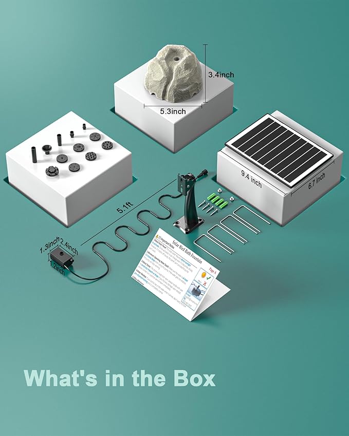 Solar Fountain for Bird Bath with Dry Run Protection Solar Powered Bird Bath Pump with 10 Nozzles,Resin Granite Rock Bird Fountain for Outdoor Water Features,Ponds,Can Cloudy Day Use(White)