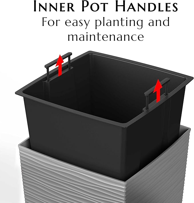 Mueller M-Resin Heavy Duty Tall Planter, Indoor/Outdoor Grande Plant, Tree, Flower Pot, 2-Piece Set, 24”, Modern Design, Built-in Drainage, Light Gray