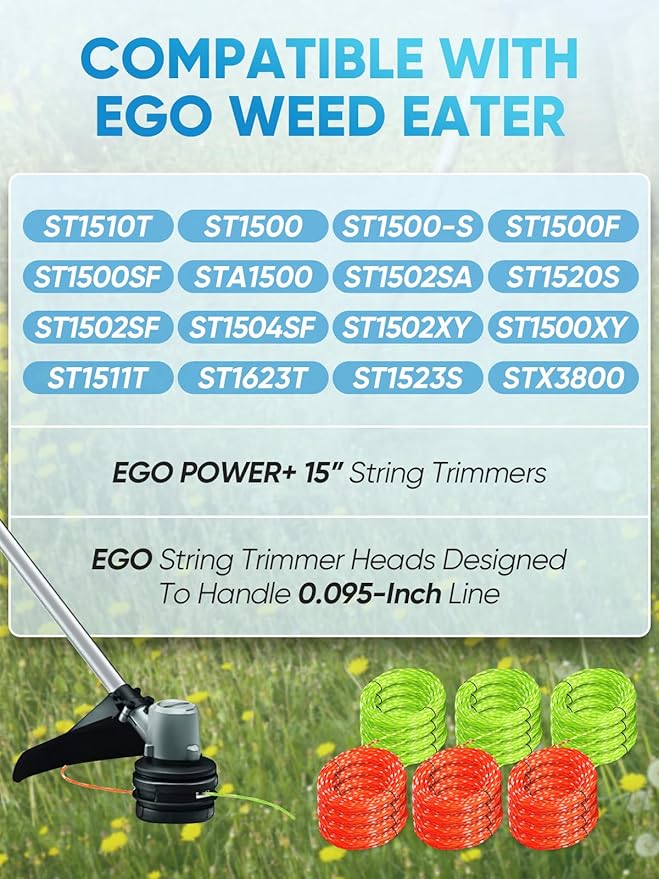 12 Pack AL2420PD Replacement Twisted Trimmer Line Compatible with All EGO 15-Inch String Trimmers Weed Eater, Dual Color Pre-Cut 0.095" 168Ft Weed Wacker String line for EGO Trimmers String