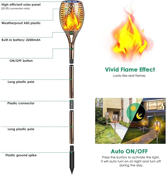TomCare Solar Lights Outdoor 99 LED Higher & Larger Flickering Flame Solar Torch Lights 43" Decorative Waterproof Solar Powered Pathway Landscape Lighting for Garden Patio Yard, 4Pack (Bronze)