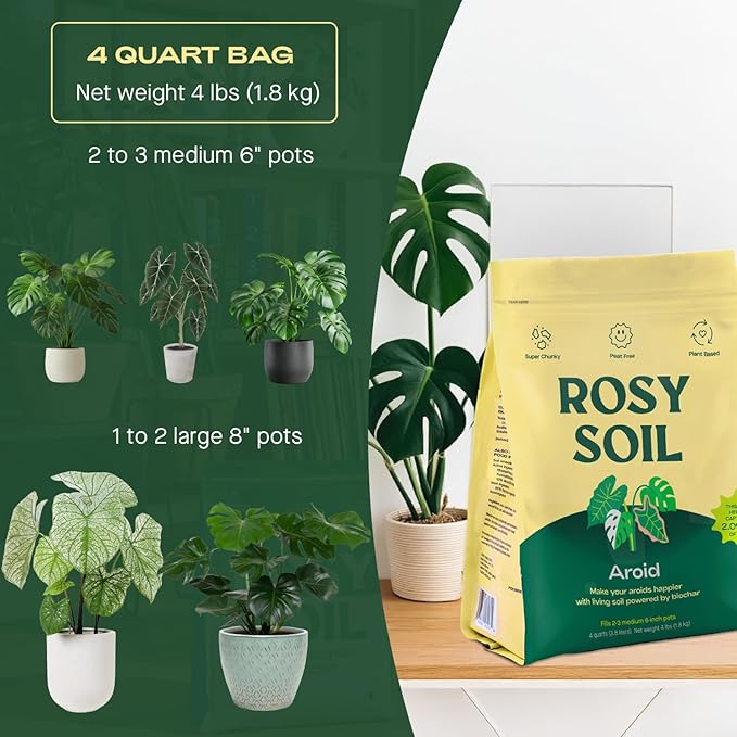 Rosy Soil Aroid Soil Potting Mix - Peat-Free, Microbially Active Biochar Powered Soil for Aroids - Superior Aeration & Drainage for Aroid Plants - Ideal for Indoor Gardening - 4 Quarts