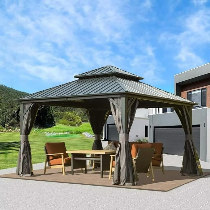 Domi 12’ X 12’ Hardtop Gazebo Canopy with Netting & Curtains, Outdoor Metal Gazebo with Galvanized Steel Double Roof for Patio Lawn and Garden, Gray