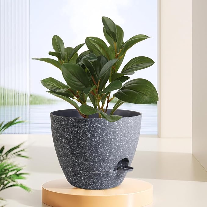 12 inch Large Self Watering Pots, Planter, Plant Pots with Mesh Drainage Holes for Indoor Outdoor House Plants and Garden, Plastic Flower Pots with Deep Reservoir, Speckled Grey