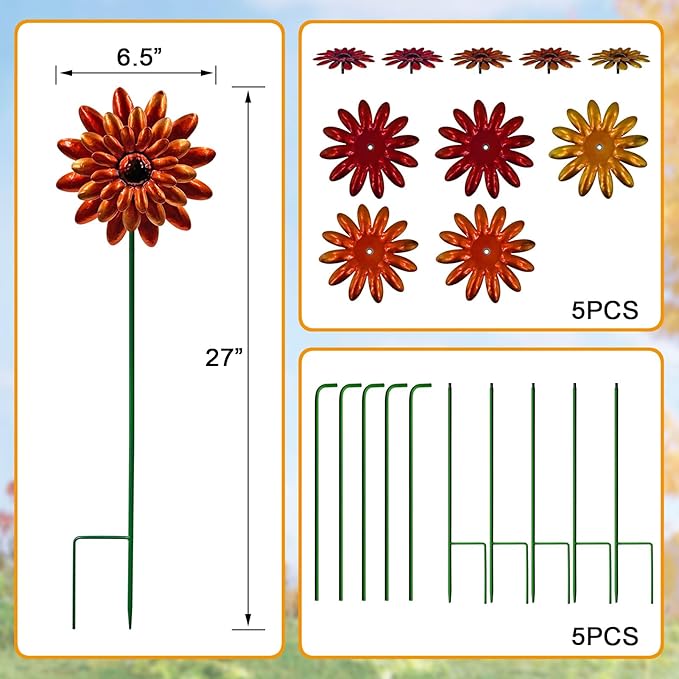 5 Pack Metal Autumn Mums Wind Spinner Garden Stakes,Outdoor Lawn Ornaments,Fall Yard Decorations,Garden Decor for Outside