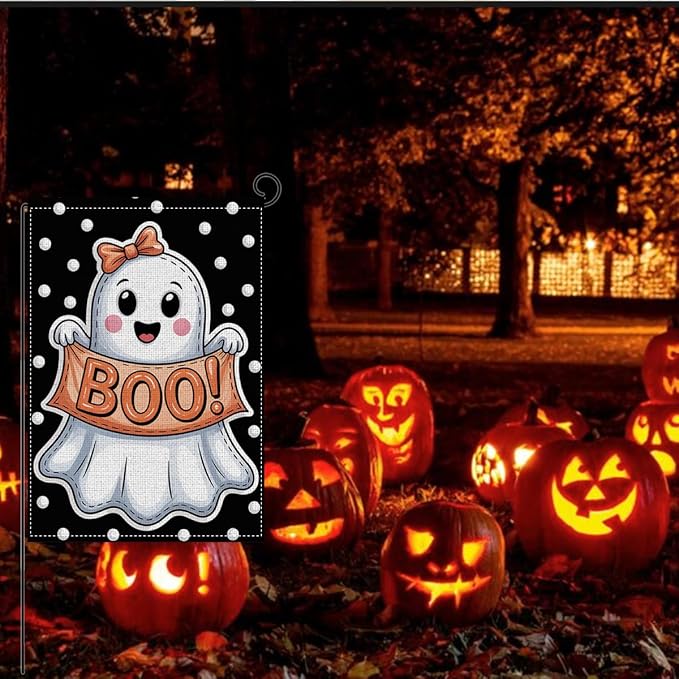 HTBIG Halloween Cute Ghost Garden Flag Decor, Funny Halloween Ghost Flag BOO, Yard Flags for Outside 12x18 inch, For Holiday Yard Outdoor Decorate