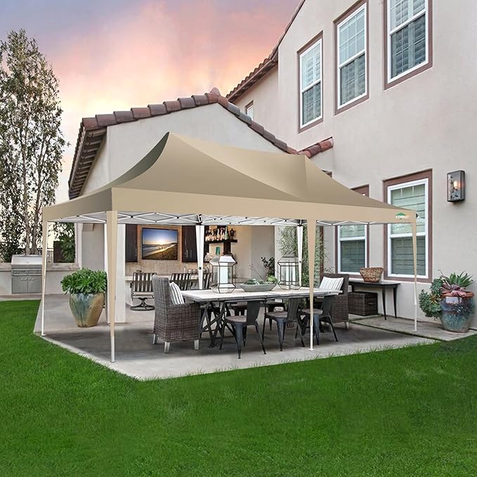 COBIZI 10x20 Pop Up Canopy with 6 Sidewall, Commercial Canopy UPF 50+ Waterproof Outdoor Gazebo with Carry Bag, Tents for Parties with Upgrade Frame, 3 Height Adjustable, Khaki