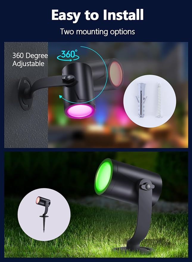 Smart RGBICW Landscape Lighting, IP67 Waterproof Low Voltage Landscape Lights, 24W Color Changing Outdoor Spot Light with APP/Voice Control, Aluminum LED Spotlights Pathway Lights, 4 Pack