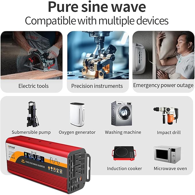 500W Pure Sine Wave Inverter (1000W Peak), 12V/24V Auto-Detect, 50Hz/60Hz Switchable, LCD Display, Type-C Fast Charging, Silent Design, Overload & Overheat Protection for RV, Home (RED-500W)