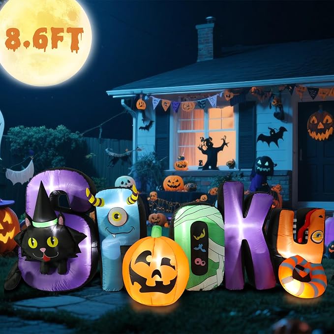 VCUTEKA 8.6FT Halloween Inflatable Spooky Pumpkin Cat Outdoor Decoration, Blow Up Decor with LED Lights for Holiday Party Inflatables Indoor Home Garden Lawn Yard Decorations