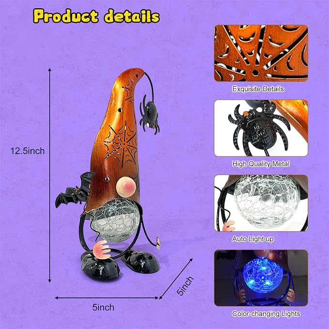 Halloween Decorations Outdoor Gnome Solar Lights, Color Changing LED Lights with Spider Web Hollowed-Out Hat, Spooky Halloween Outdoor Decorations for Garden, Patio, Yard, Pathway (Pumpkin)