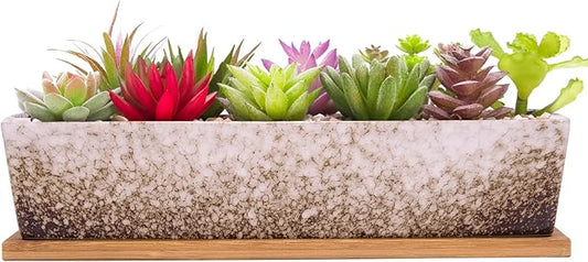 Succulent Pots - 12.1 Inch Large Succulent Planters Pots with Drainage Tray, Long Rectangle Ceramic Pots for Indoor Cactus/Succulent Plants Shallow Bonsai Window Box for Home Garden Decor (White)