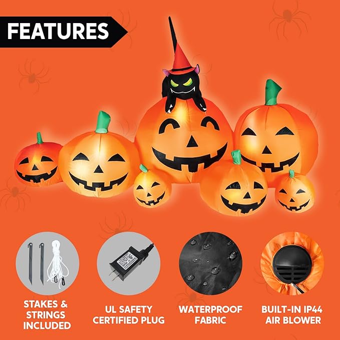 Joiedomi 7 FT Long Halloween Inflatables Pumpkin Outdoor Decorations, 7 Pumpkins Outside Decoration with Witch's Cat with Build-in LEDs Blow Up Inflatables for Party Yard Lawn Garden Decor
