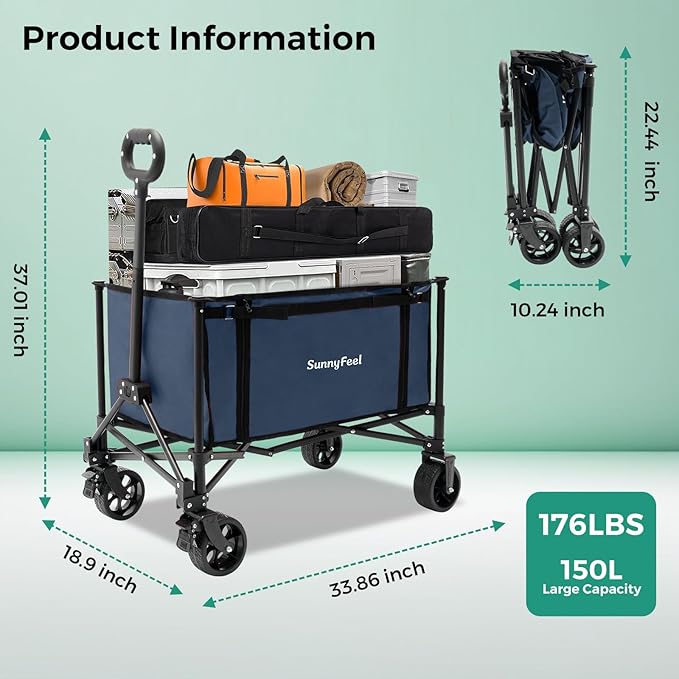 SUNNYFEEL Wagon Cart Foldable, Standard Borderless Version Collapsible Wagon with 220 LBS Max Load, Up to120L Foldable Grocery Cart with Side Opened for Groceries, Garden & Camping,Blue