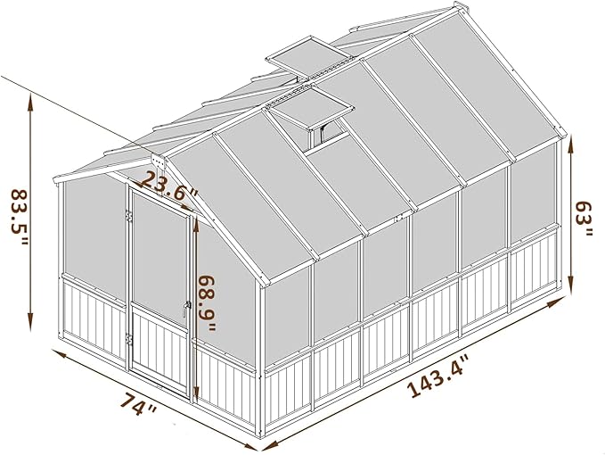 Greenhouse for Outdoor, 6x8ft-8x12ft Wooden WAK-in Greenhouse Kitwith 6MM Thick Polycarbonate Panel, Lockable Door & Adjustable Roof Vent ,Backyard Garden (Light Mocha Brown, 6*12FT)