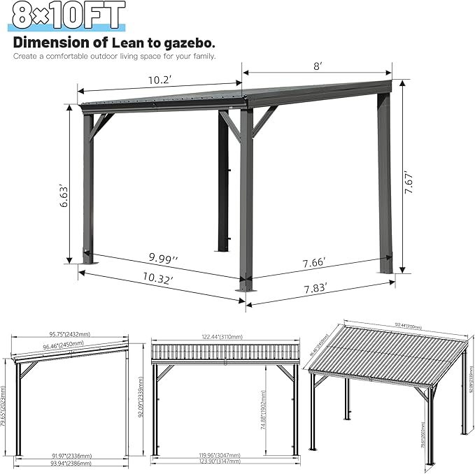 Domi 8’x10’ Lean-to Gazebo, Hardtop Wall-Mounted Gazebo Pergola with Sloping Galvanized Steel Roof and Upgraded Drainage System, Outdoor Permanent Metal Shelters for Patio Backyard Deck, Grey