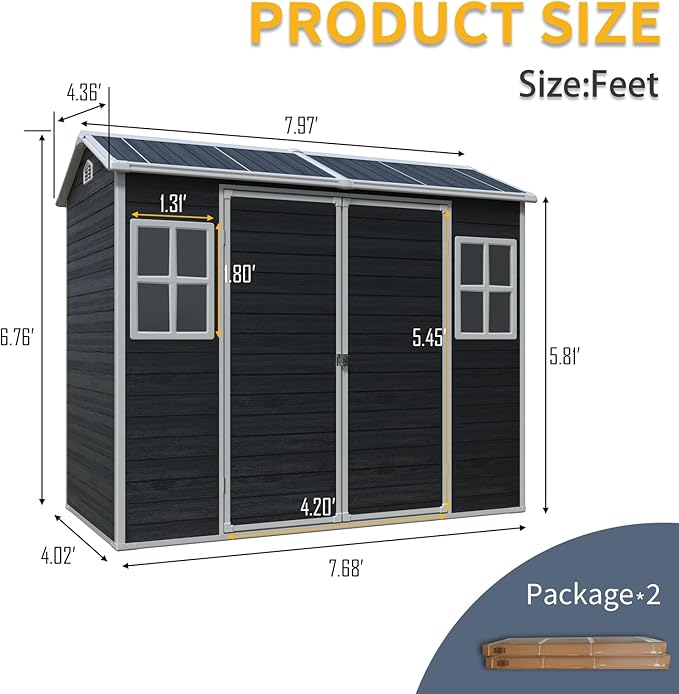 LANTRO JS Storage Shed with Floor Included, 4x8ft Outdoor Plastic Shed with 2 Windows and Lockable Door for Garden Tools, Bike