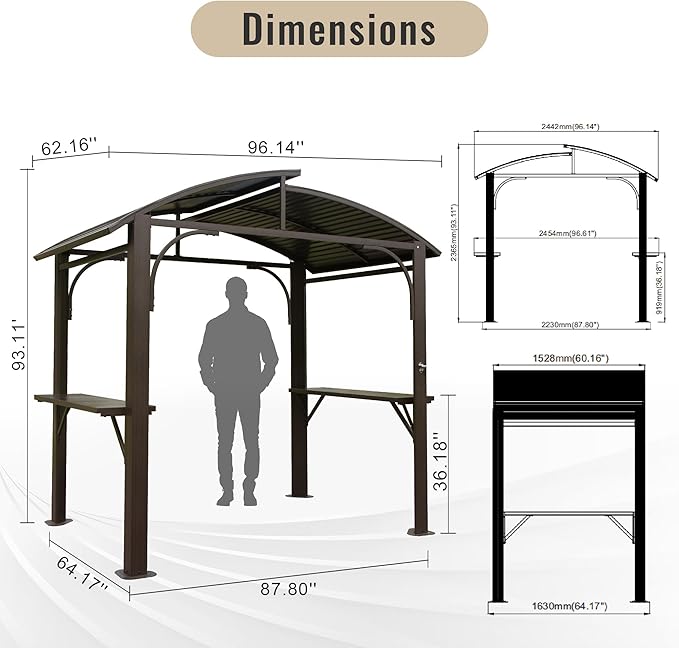 Domi 8x5FT Hardtop Grill Gazebo, Outdoor BBQ Gazebo with 2 Side Shelves and Bottle Opener, Outdoor Grill Canopy with Galvanized Steel Double Roof for Patio Lawn Backyard Deck, Brown