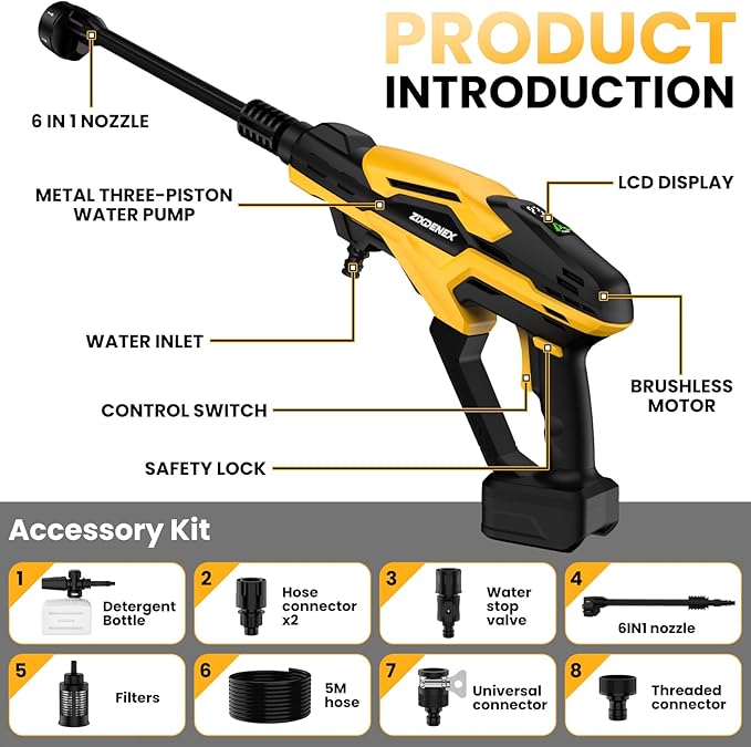 Cordless Pressure Washer for Dewalt 20V Battery, 800 PSI Portable Handheld Power Washer with Brushless Motor, 6-in-1 Nozzle, 3 Level Adjustable for Car Yard Fence Wall Cleaning (Battery Not Included)