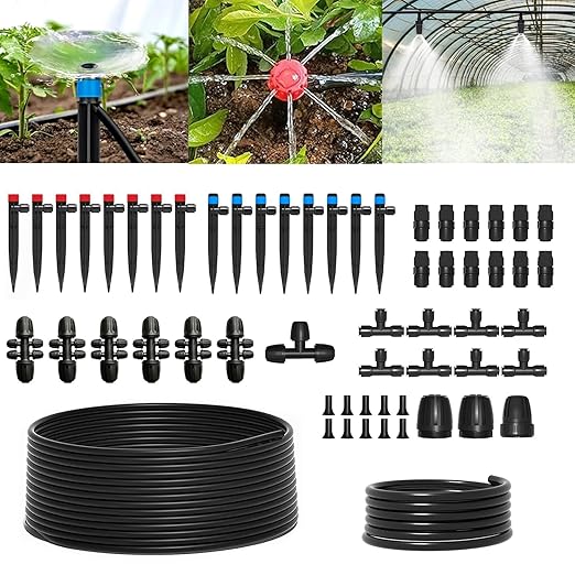 223FT Drip Irrigation Kit, Drip Irrigation System Kit with Adjustable Misting Nozzle Sprinkler, Tubing and Connectors, Watering for Garden, Flower Beds, and Potted Plants