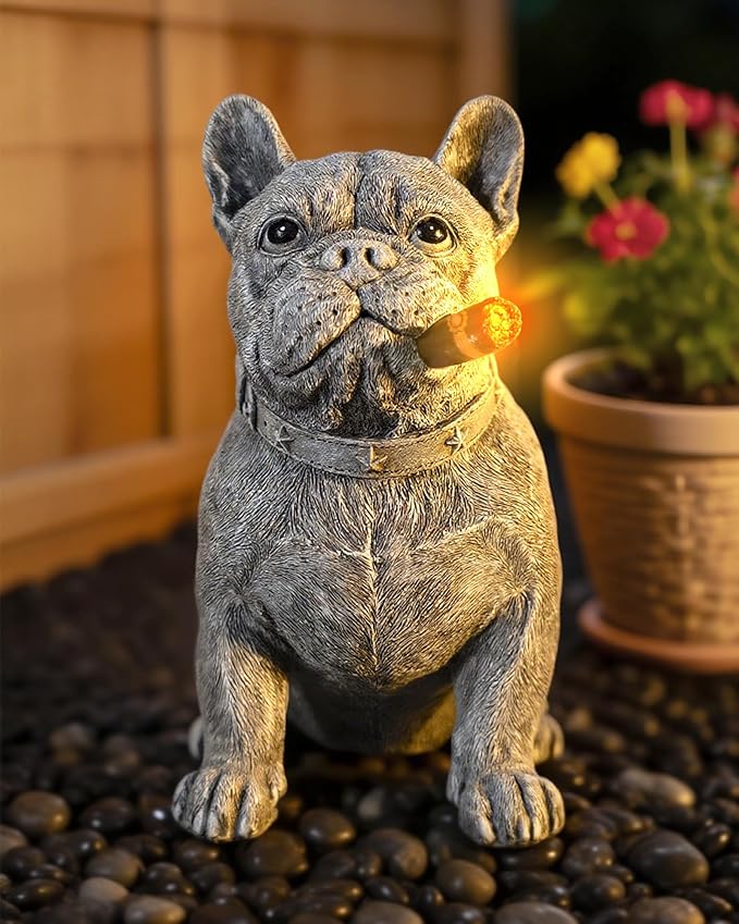 Dog Solar Garden Statue with LED Light - Outdoor Yard, Lawn, Patio French Bulldog Decor - Unique Birthday Housewarming Gift for Dad, Mom, Men, Women