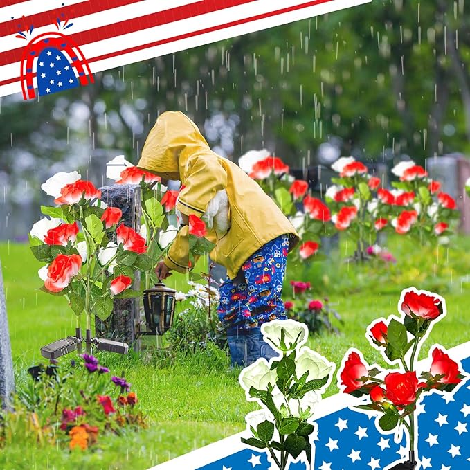 Woanger 4 Pcs Solar Flowers Cemetery Grave Decorations Outdoor LED Flower Lights with 6 Rose Powered Garden Stake Lights Waterproof for Independence Day Grave Decorations(Red, White)