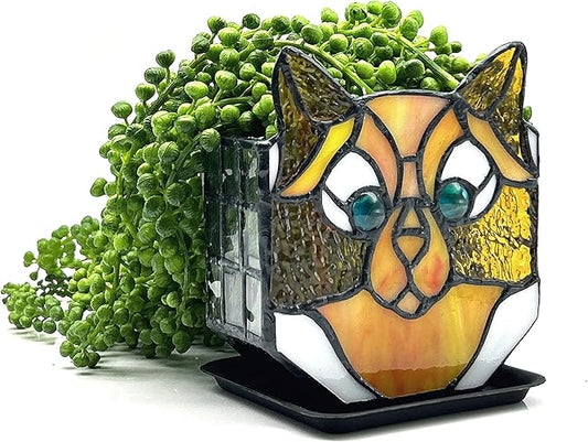 Stained Glass Yellow Cat Planter, Indoor Plant Tabletop Plant Display, Yellow Cat Small Plant Pot, Cat Terrarium Decor, Cat Decor Gift 4.6x3x5.15 in(Excluding Plants)