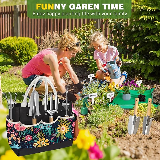 22Pcs Gardening Tools Set for Women Heavy Duty Garden Hand Tool Kit Gardener Gifts Gardening Accessories for Outdoor Plants with Tote Bag/Shovel/Repotting Mat/Plant Labels/Gloves-Black
