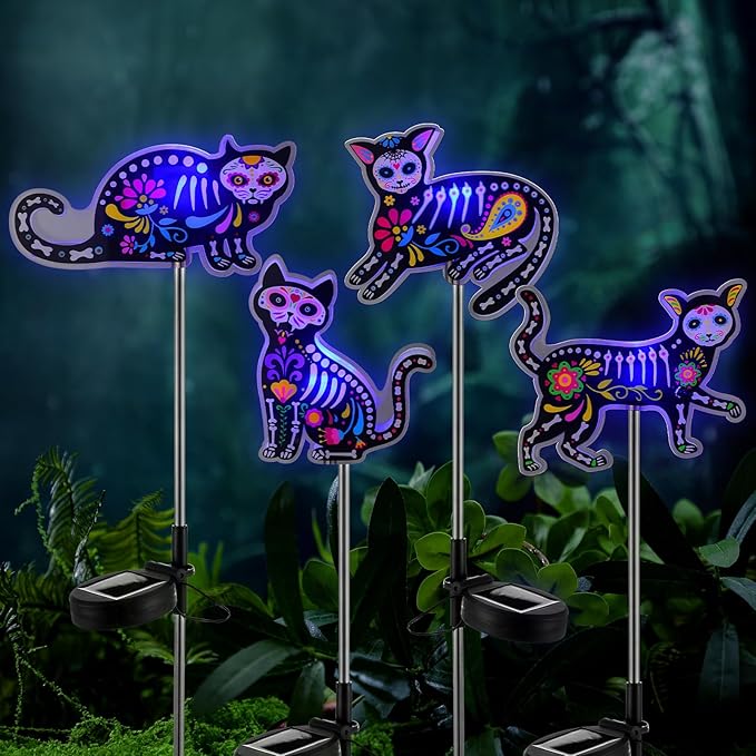 Retisee 4 Pack Halloween Black Cat Solar Lights Outdoors Solar Cat Lamp Yard Decorations Halloween Party Favors Waterproof Lights for Pathway Lawn Porch Warm White LED