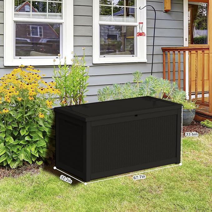 DRATO 320 Gallon Deck Box, Outdoor Large Waterproof Resin Storage Box with Lockable Lid for Patio Cushions, Gardening Tools, Black