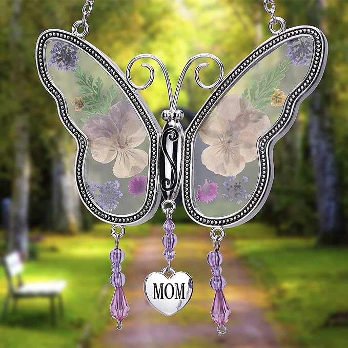 Laraine Butterfly Suncatcher with Pressed Colourful Flower Wings Mom Mother's Day Butterfly Glass Wind Chime Ornament Charm with Metal Heart Gifts for Mom Grandma Birthday (Yellow Mom)